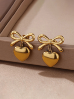 Load image into Gallery viewer, Gold Plated Bow & Heart Drop Earrings