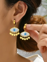 Load image into Gallery viewer, Gold Plated Evil Eye Drop Earrings with Dangling Discs