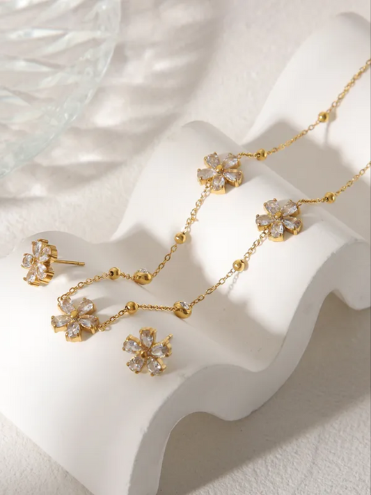Floral Crystal Necklace & Stud Earrings Set