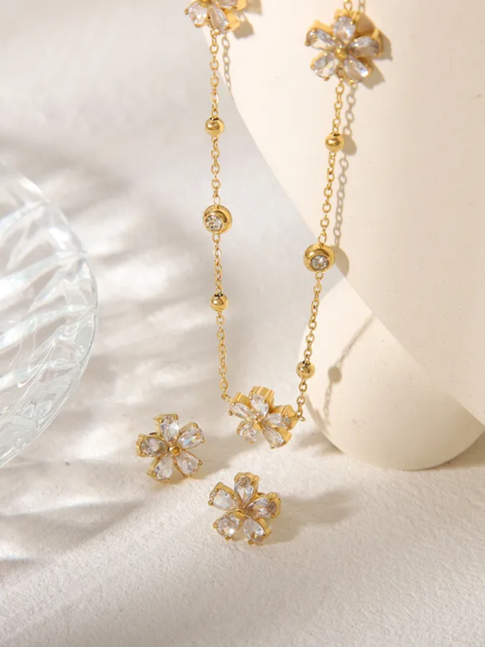 Floral Crystal Necklace & Stud Earrings Set