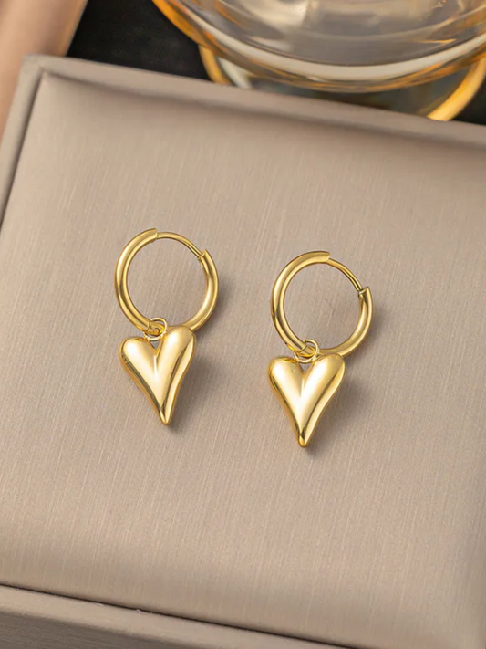 Gold Heart Drop Hoop Earrings