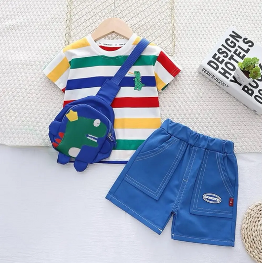 Boys Multicolored Striped T-shirt And Shorts With Bag