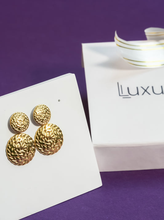 Gold Plated Textured Double Dome Statement Earrings