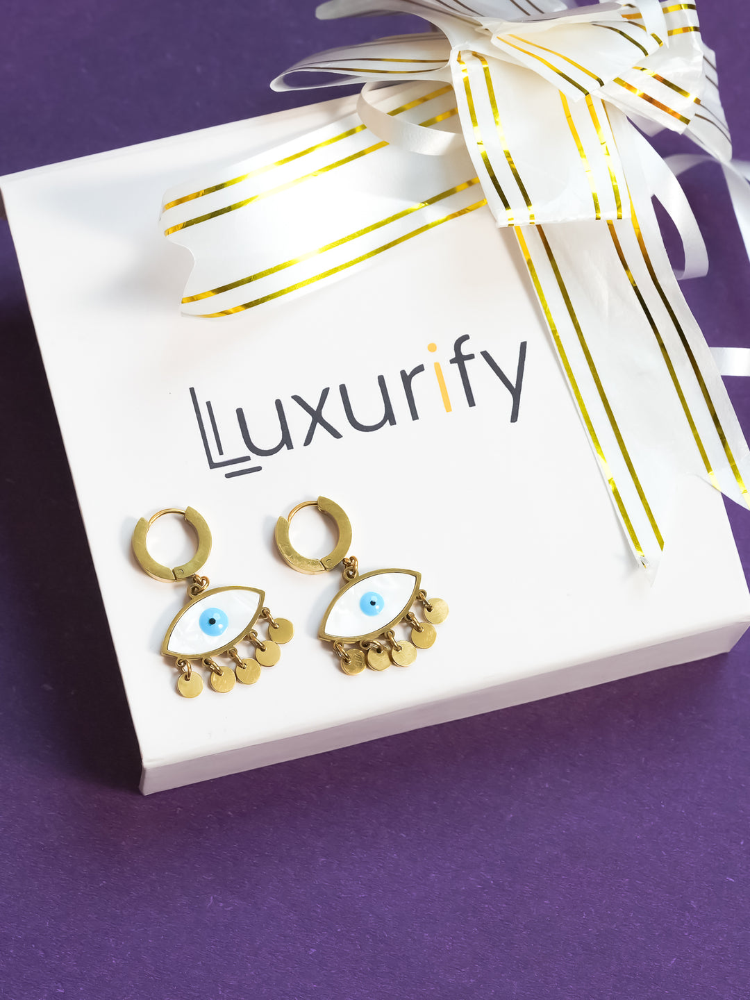 Gold Plated Evil Eye Drop Earrings with Dangling Discs