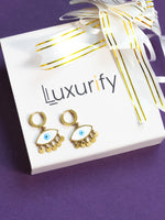 Load image into Gallery viewer, Gold Plated Evil Eye Drop Earrings with Dangling Discs
