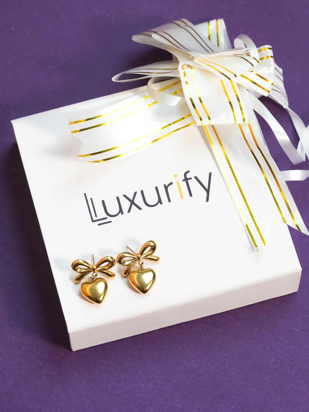 Gold Plated Bow & Heart Drop Earrings