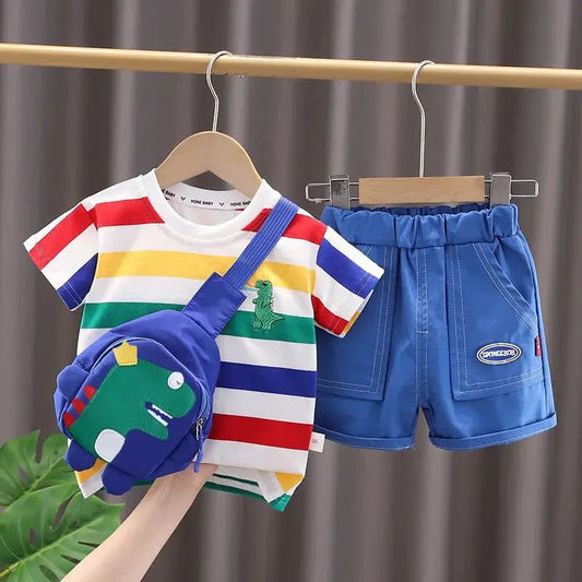 Boys Multicolored Striped T-shirt And Shorts With Bag