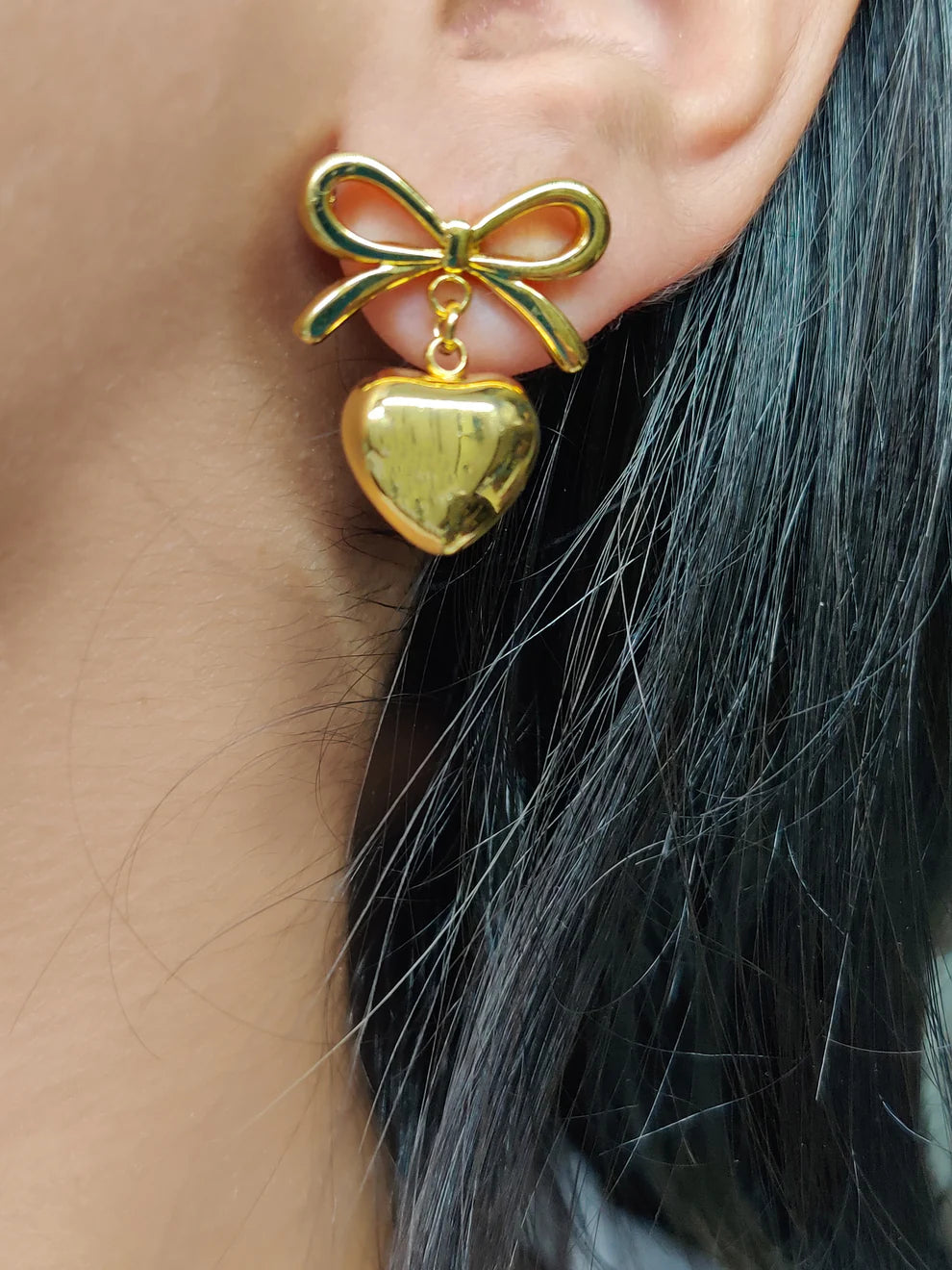 Gold Plated Bow & Heart Drop Earrings