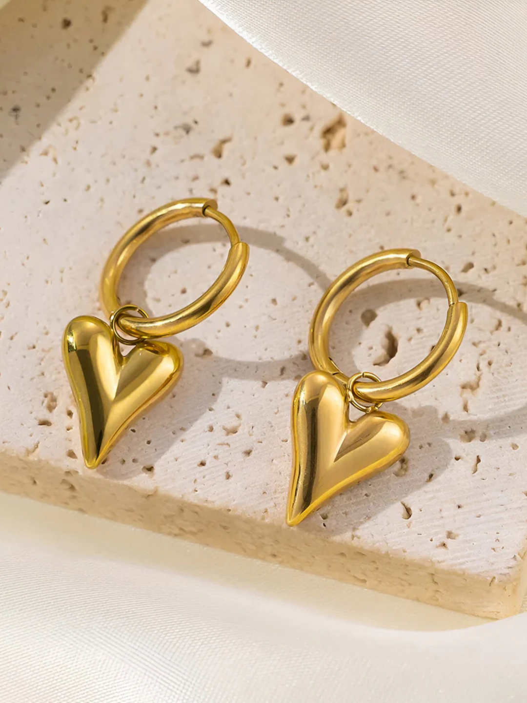 Gold Heart Drop Hoop Earrings