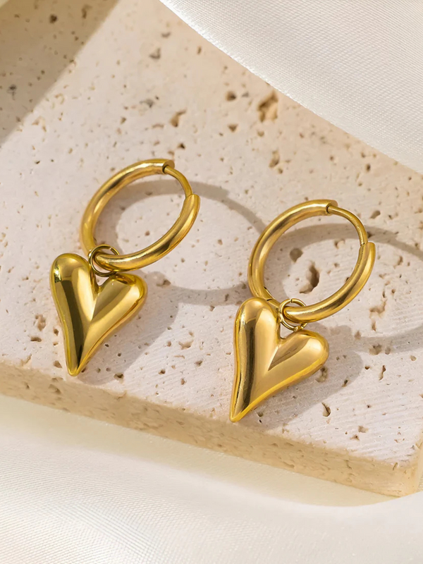 Gold Heart Drop Hoop Earrings