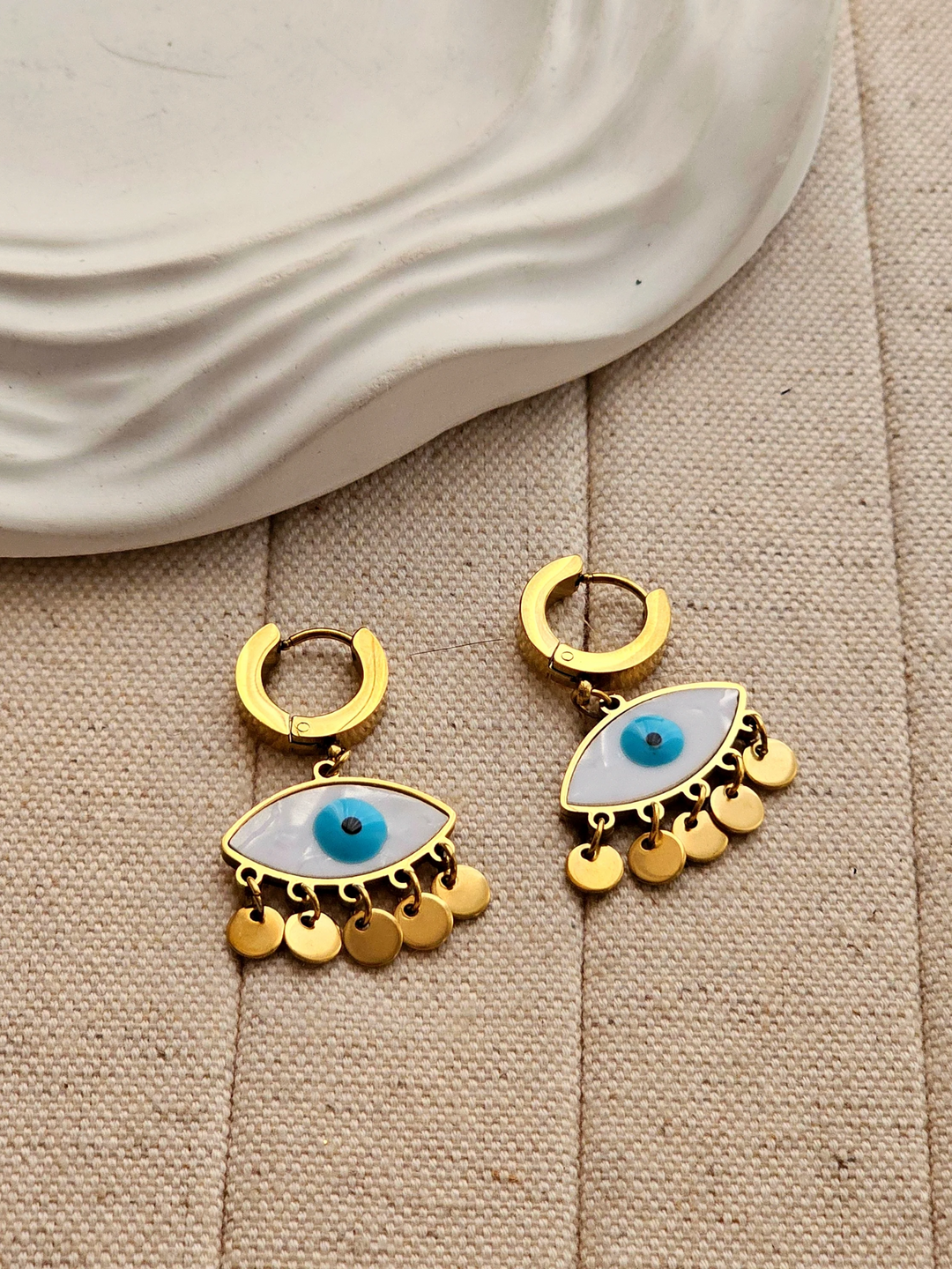 Gold Plated Evil Eye Drop Earrings with Dangling Discs