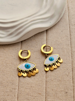 Load image into Gallery viewer, Gold Plated Evil Eye Drop Earrings with Dangling Discs
