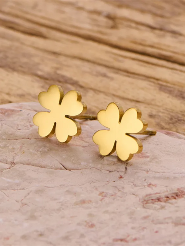 Gold Plated Four-Leaf Flower Stud Earrings