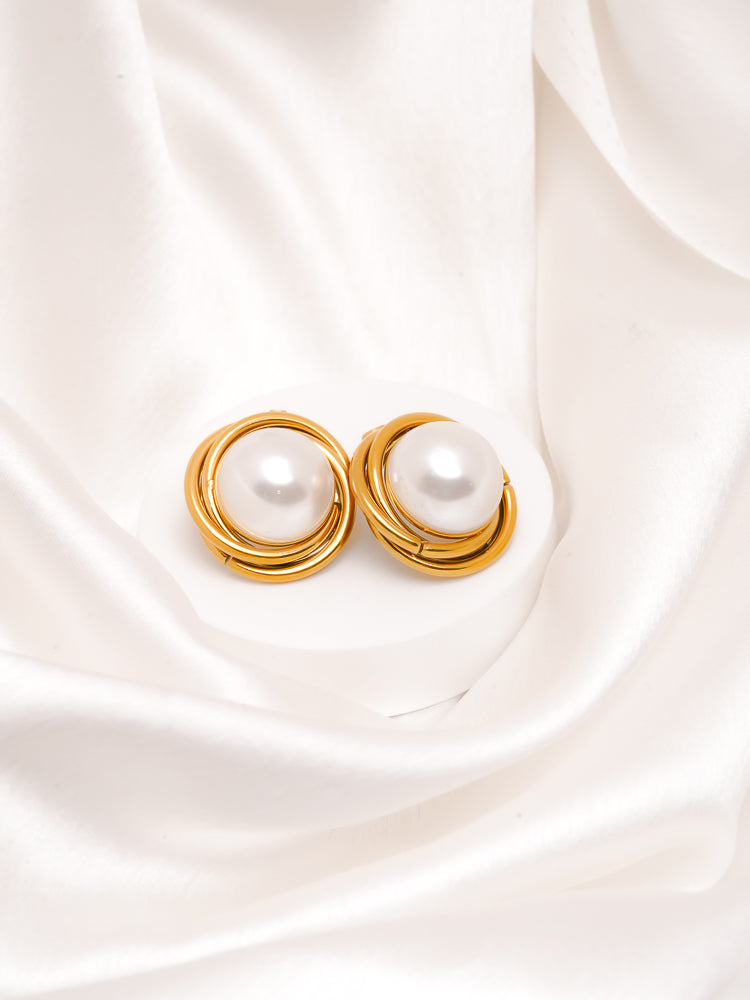 Twisted Hoop Pearl Stud Earrings