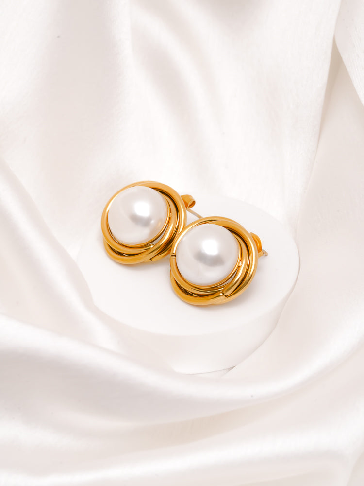 Twisted Hoop Pearl Stud Earrings