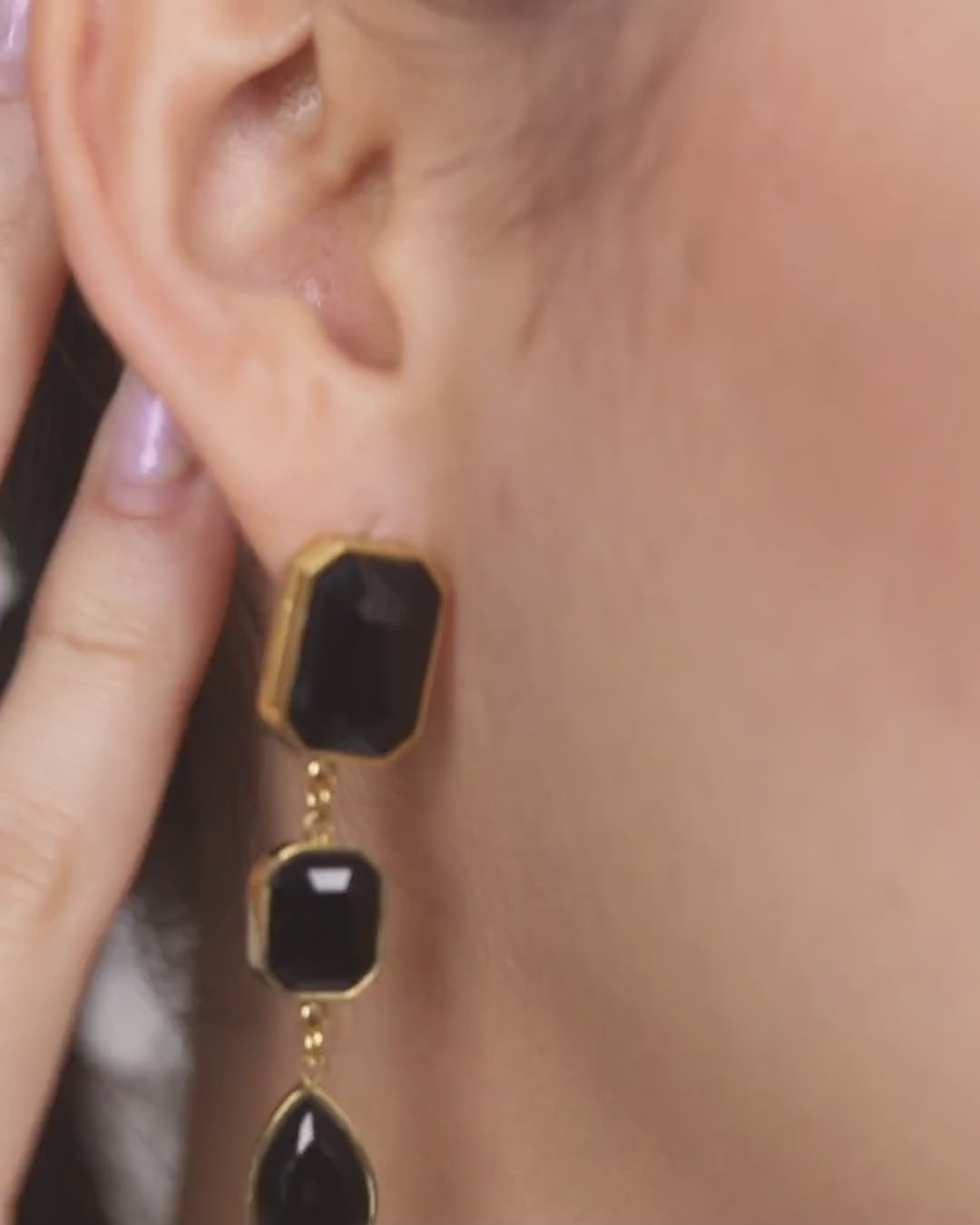 Black Stone Gold Plated Earring